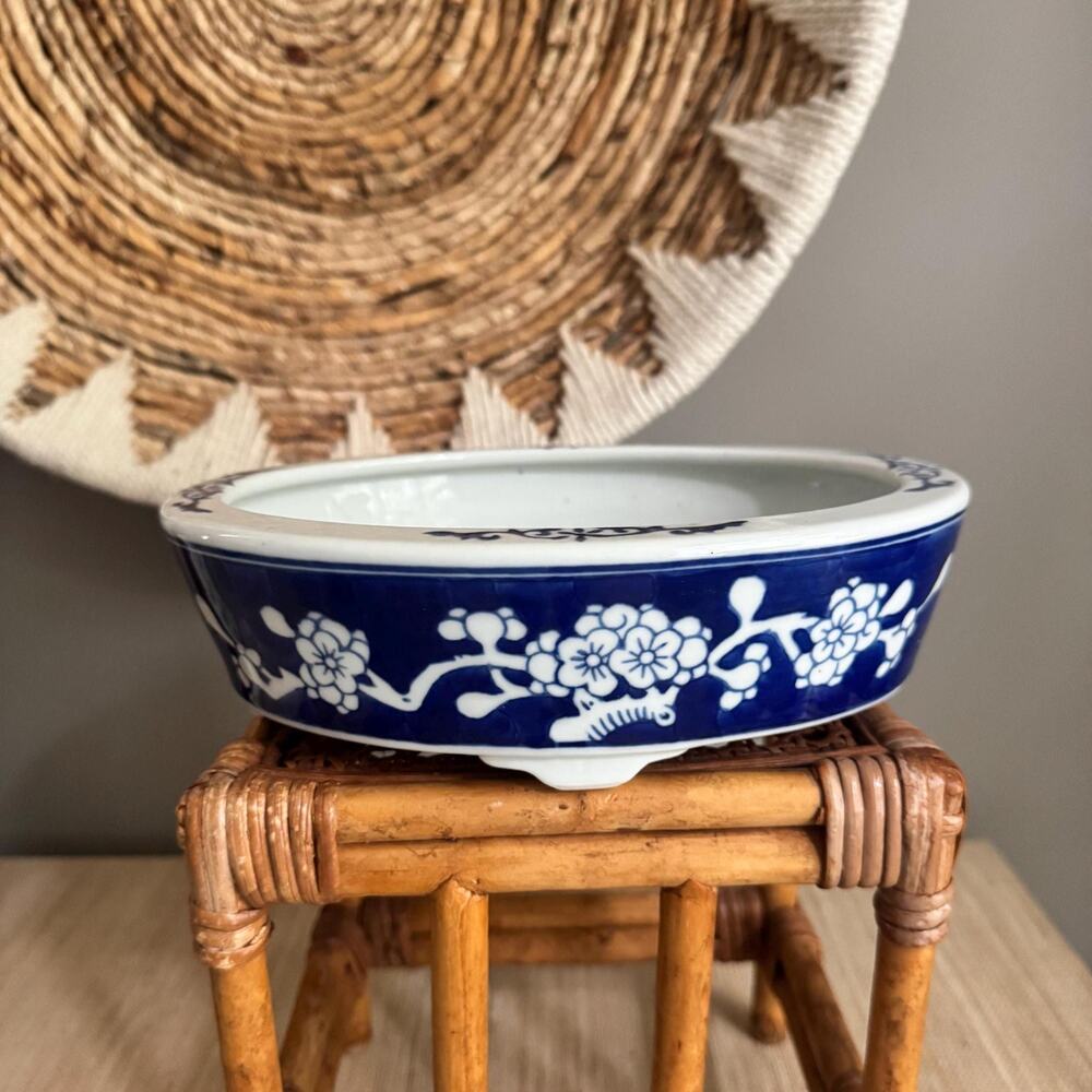 Vintage Chinoiserie Blue White Oval Porcelain Bonsai Planter Cachepot